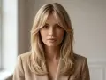 Kobieta w beżowej marynarce z blond włosami i grzywką curtain bangs. Idealna fryzura dla każdej kobiety, która chce podkreślić swoją twarz.