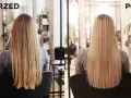 Przed i po: włosy przed zabiegiem były lekko falowane, po - idealnie proste i lśniące, w odcieniu naturalny jasny blond.