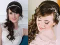 Eleganckie fryzury na wesele z grzywką. Dwie panny młode w romantycznych upięciach z welonami i biżuterią.