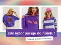 Trzy kobiety w stylizacjach w odcieniach purpurowego i fioletowego. Pytanie "Jaki kolor pasuje do fioletu?".
