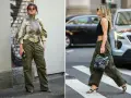 Dwie kobiety w spodniach cargo w kolorze khaki. Jedna w bluzce z motywem węża, druga w czarnym crop topie. Pokazują, jaki kolor pasuje do khaki.