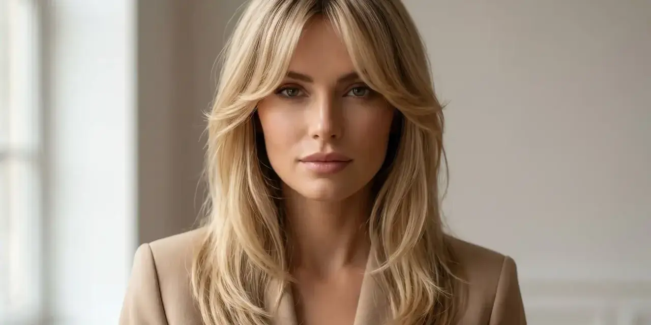 Kobieta w beżowej marynarce z blond włosami i grzywką curtain bangs. Idealna fryzura dla każdej kobiety, która chce podkreślić swoją twarz.