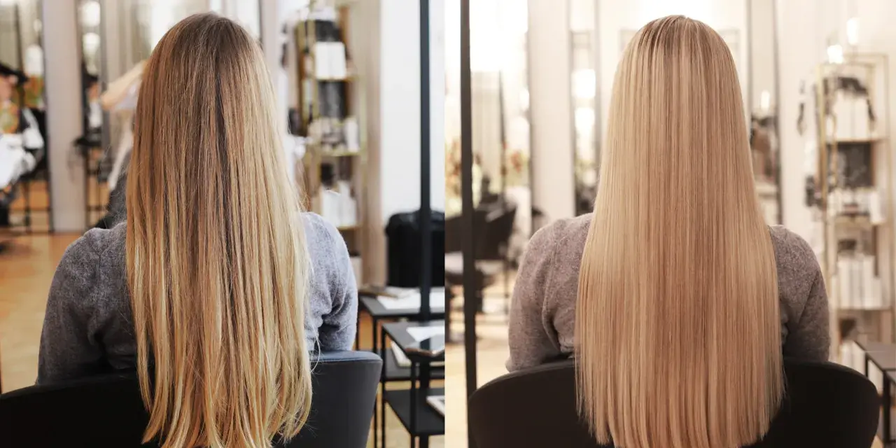 Przed i po: włosy przed zabiegiem były lekko falowane, po - idealnie proste i lśniące, w odcieniu naturalny jasny blond.