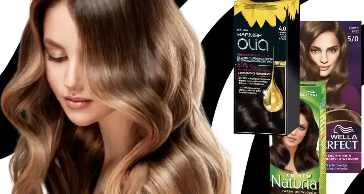 Inspiracje na kolory włosów dla brunetek: odcienie brązu na opakowaniach farb Garnier Olia, Joanna Naturia i Wella.