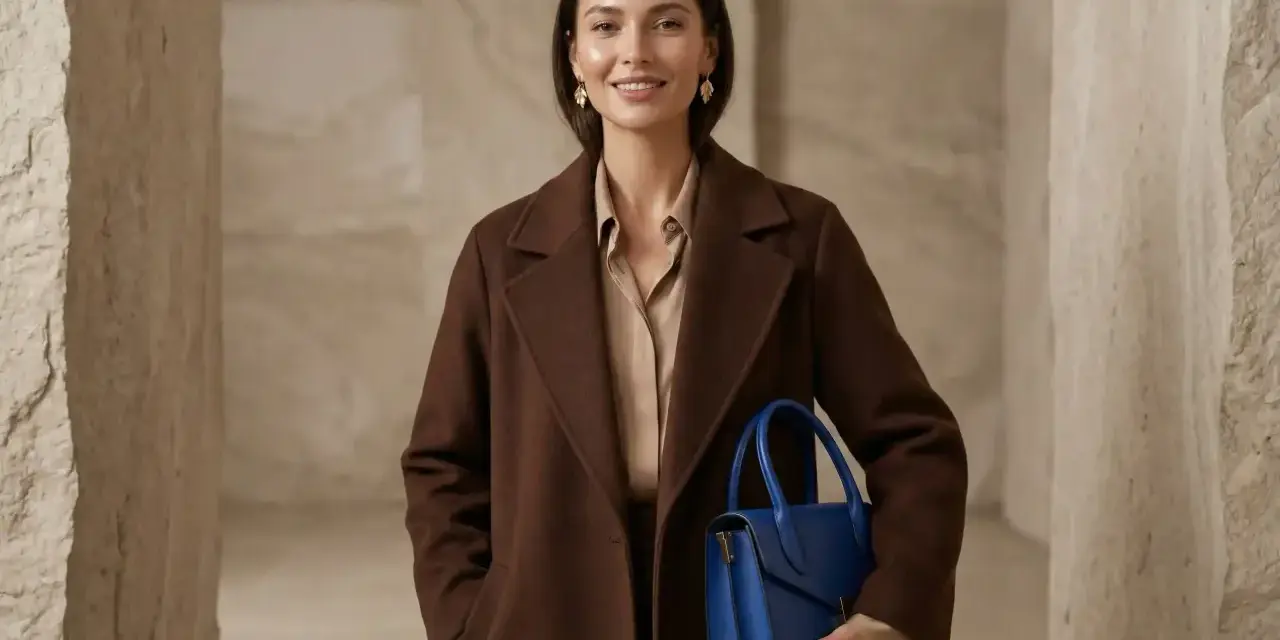 Elegancka kobieta w płaszczu w kolorze czekoladowym z czym łączyć? Z błękitną torebką i złotymi kolczykami.