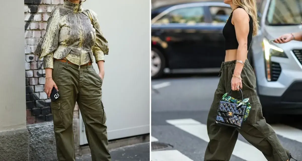 Dwie kobiety w spodniach cargo w kolorze khaki. Jedna w bluzce z motywem węża, druga w czarnym crop topie. Pokazują, jaki kolor pasuje do khaki.