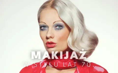 Kobieta z blond falowanymi włosami i wyrazistym makijażem oczu w stylu lat 70. Czerwona apaszka i sukienka.