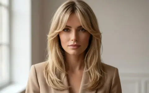 Kobieta w beżowej marynarce z blond włosami i grzywką curtain bangs. Idealna fryzura dla każdej kobiety, która chce podkreślić swoją twarz.