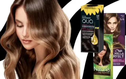 Inspiracje na kolory włosów dla brunetek: odcienie brązu na opakowaniach farb Garnier Olia, Joanna Naturia i Wella.