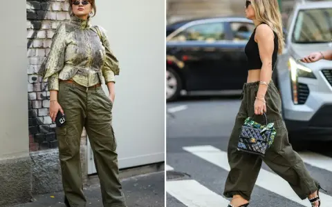 Dwie kobiety w spodniach cargo w kolorze khaki. Jedna w bluzce z motywem węża, druga w czarnym crop topie. Pokazują, jaki kolor pasuje do khaki.