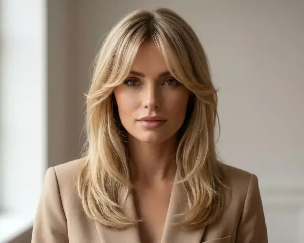 Kobieta w beżowej marynarce z blond włosami i grzywką curtain bangs. Idealna fryzura dla każdej kobiety, która chce podkreślić swoją twarz.