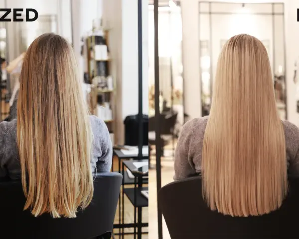 Przed i po: włosy przed zabiegiem były lekko falowane, po - idealnie proste i lśniące, w odcieniu naturalny jasny blond.