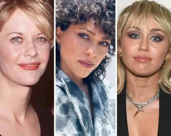 Trzy kobiety z różnymi fryzurami. Krótkie blond włosy, kręcone ciemne włosy i modna fryzura dla nastolatków w stylu mullet.