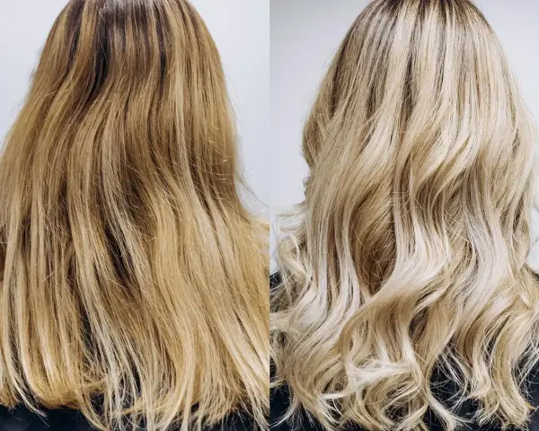Przed i po: metamorfoza włosów. Zobacz efekt profesjonalnego tonowania włosów blond, które zyskały blask i głębię.