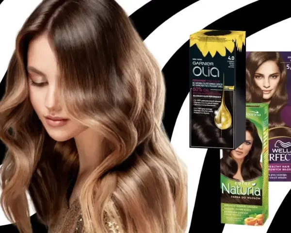 Inspiracje na kolory włosów dla brunetek: odcienie brązu na opakowaniach farb Garnier Olia, Joanna Naturia i Wella.