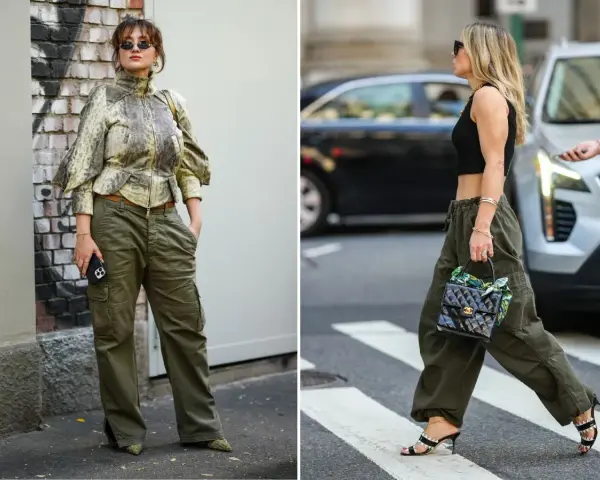 Dwie kobiety w spodniach cargo w kolorze khaki. Jedna w bluzce z motywem węża, druga w czarnym crop topie. Pokazują, jaki kolor pasuje do khaki.