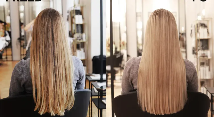 Przed i po: włosy przed zabiegiem były lekko falowane, po - idealnie proste i lśniące, w odcieniu naturalny jasny blond.