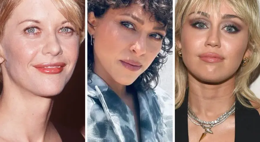 Trzy kobiety z różnymi fryzurami. Krótkie blond włosy, kręcone ciemne włosy i modna fryzura dla nastolatków w stylu mullet.