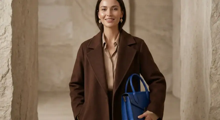 Elegancka kobieta w płaszczu w kolorze czekoladowym z czym łączyć? Z błękitną torebką i złotymi kolczykami.