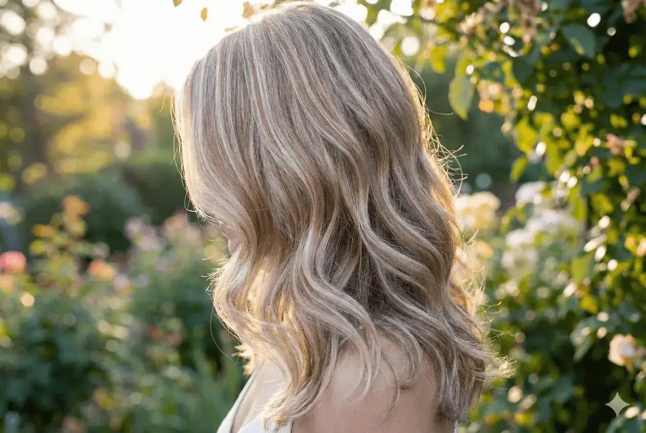 Piękne, falowane włosy blond z subtelnymi refleksami, idealnie podkreślające naturalne piękno. To efekt profesjonalnego tonowania włosów blond.