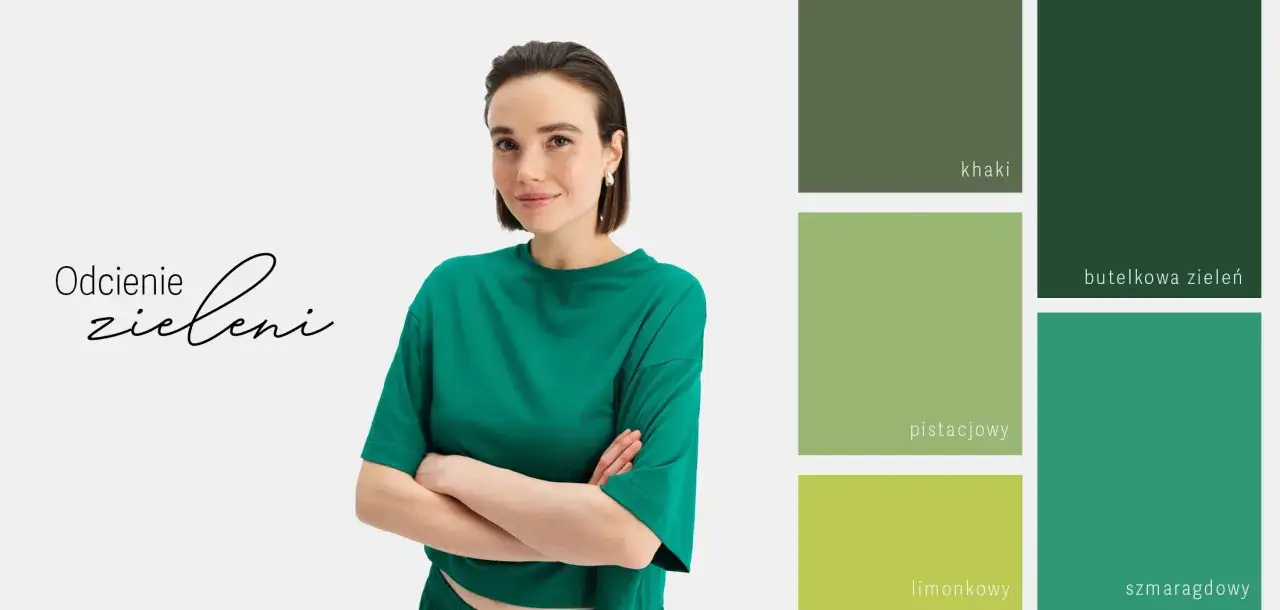 Kobieta w zielonej bluzce prezentuje paletę odcieni zieleni: khaki, pistacjowy, limonkowy, butelkową zieleń i szmaragdowy.