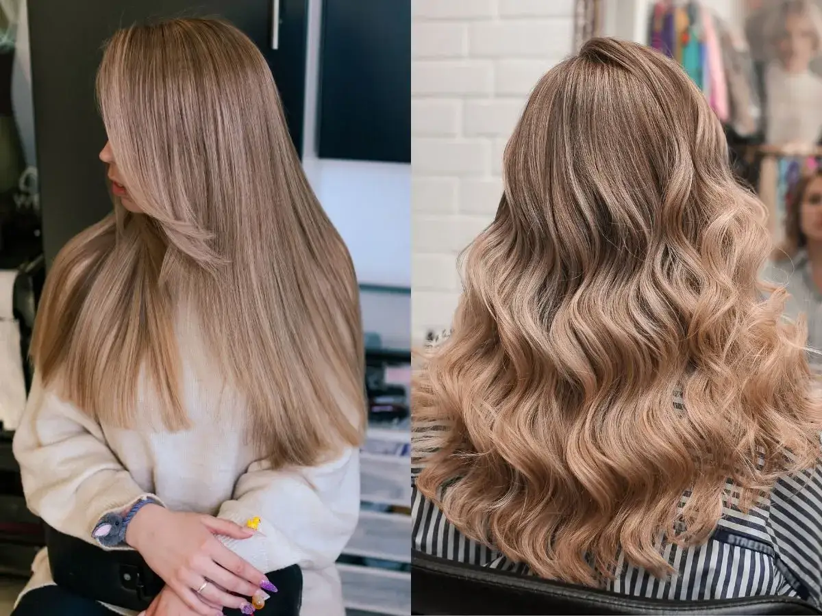 Dwie kobiety prezentują różne kolory włosów: jasny blond i beżowy blond.