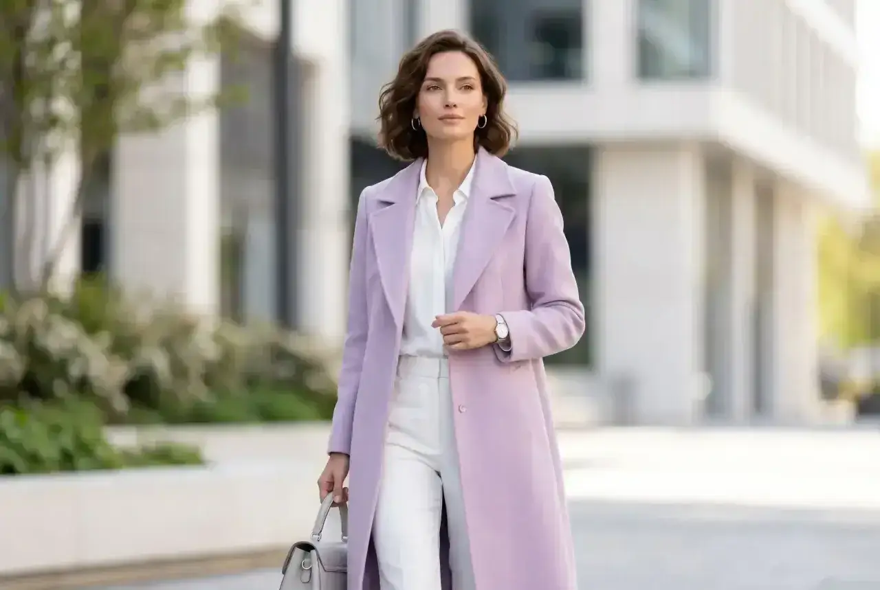 Elegancka kobieta w płaszczu w kolorze liliowym z czym łączyć? Biała koszula i jasne spodnie tworzą stylowy zestaw.