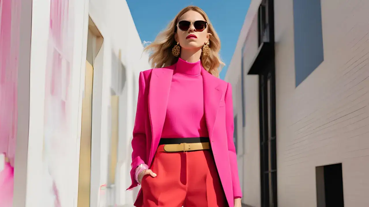 stylizacja color blocking czerwone spodnie i różowa bluzka