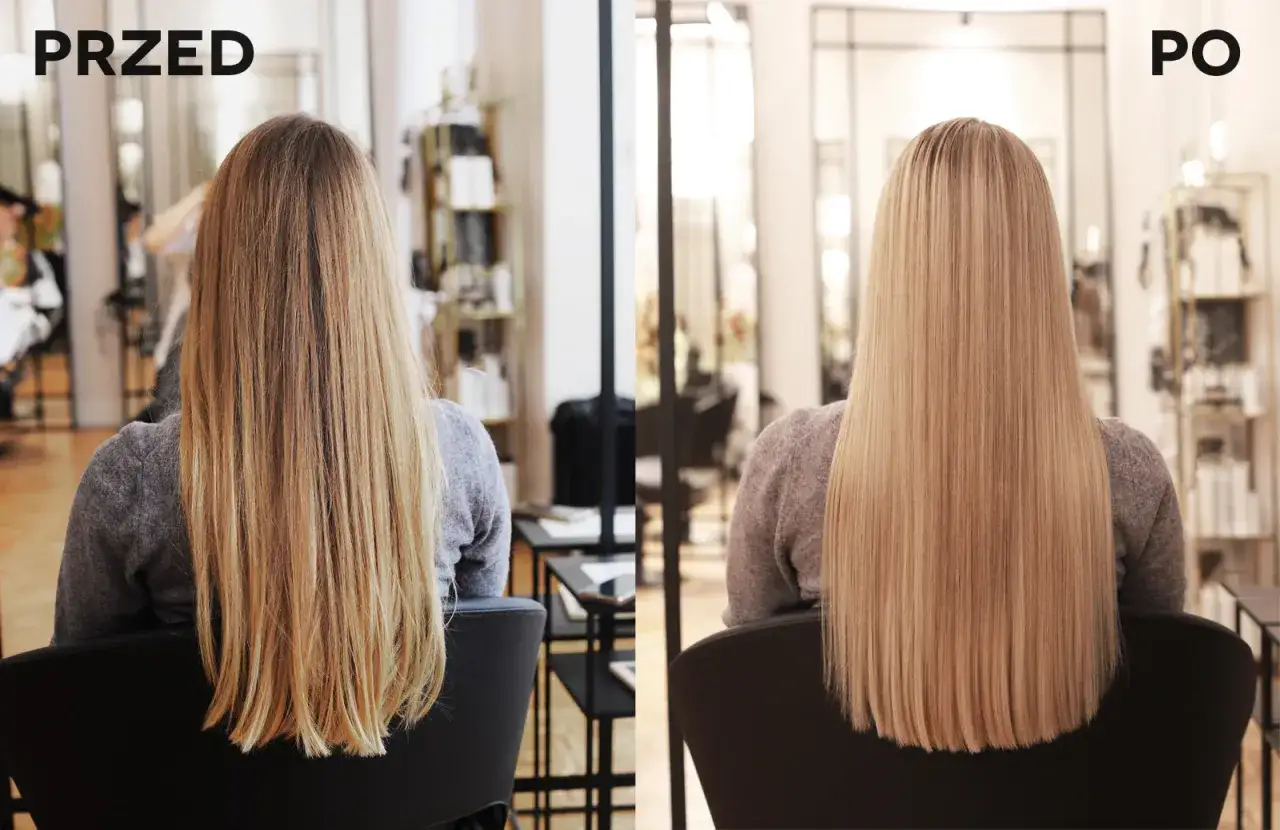 Przed i po: włosy zyskały piękny, naturalny jasny blond i idealną gładkość.