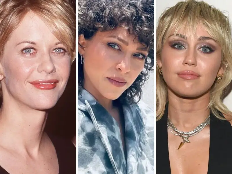 Trzy kobiety z różnymi fryzurami. Krótkie blond włosy, kręcone ciemne włosy i modna fryzura dla nastolatków w stylu mullet.